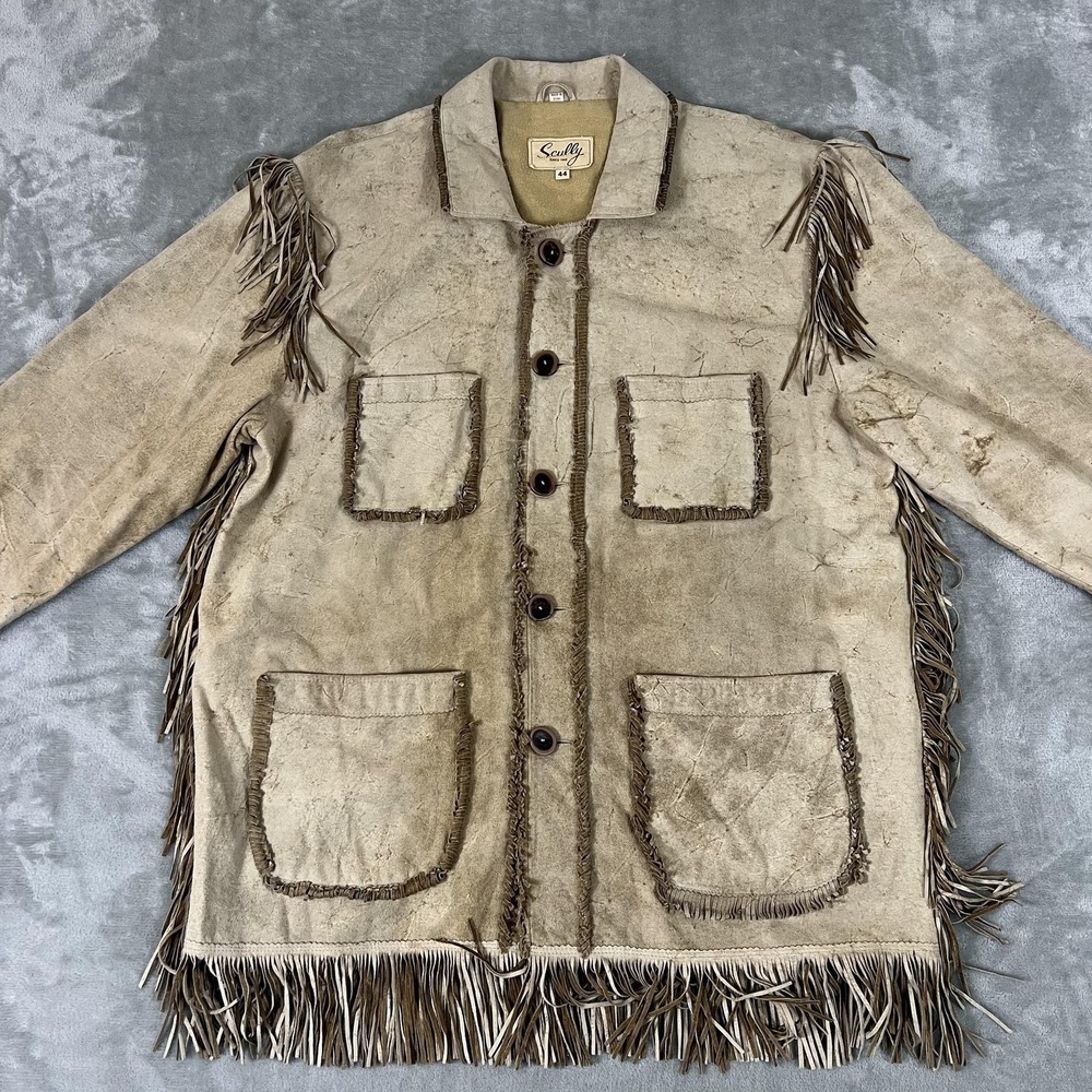 Scully Coat Mens 44 Beige Suede Fringe Western Cowboy Overcoat Mid Length